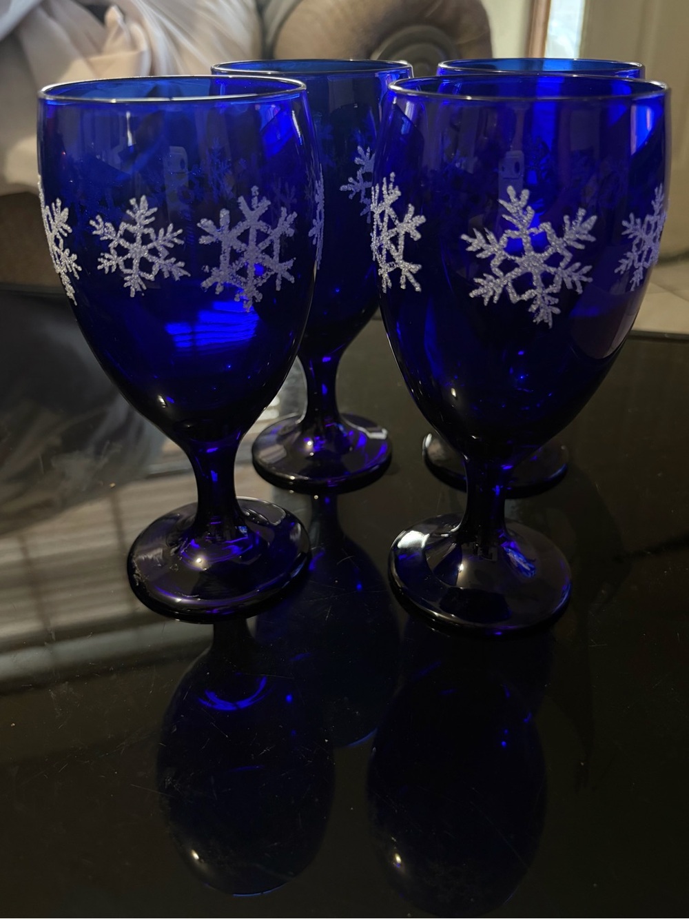 4 Vintage Libbey Cobalt Blue Celestial Snow Flakes Stars Iced Tea Wine Glasses